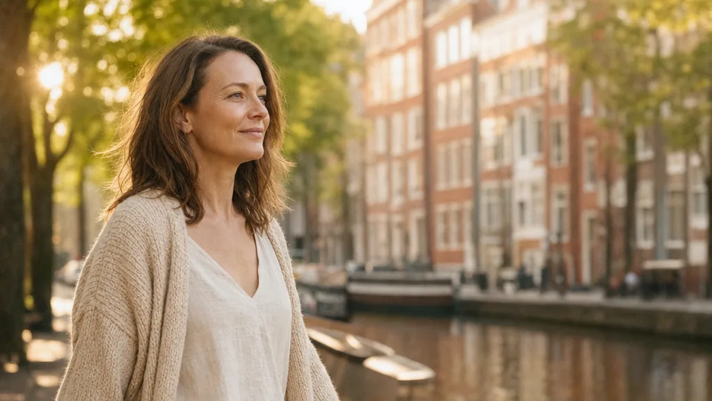 Vrouw wandelt langs een Amsterdamse gracht in zacht middaglicht — symbool voor een rustige, geinformeerde keuze rond GLP-1 begeleiding